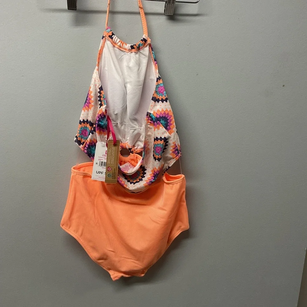 Justice Girls Cutout Colorblock One Piece‎ Swimsuit Coral Print  L 12-14 UPF 50